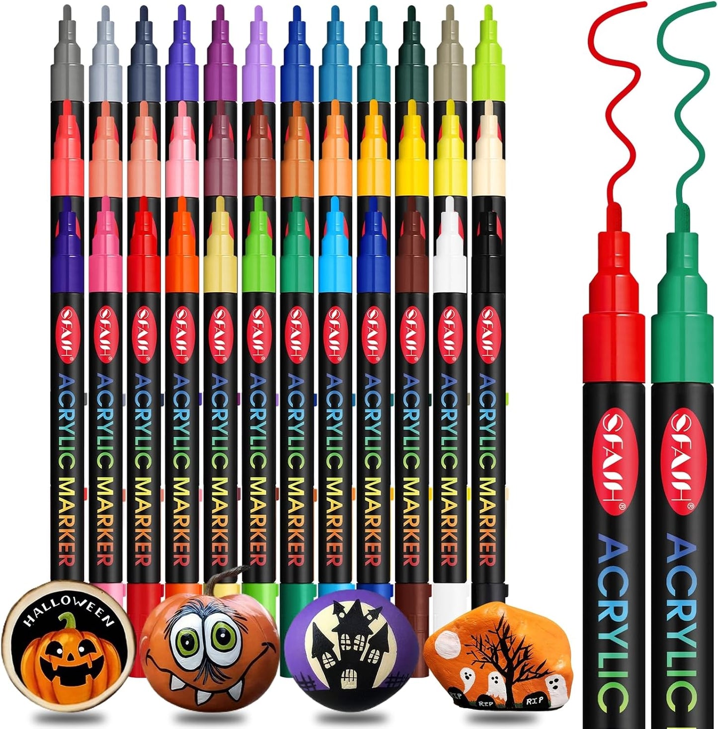 SFAIH 36 Vibrant Acrylic Paint Markers - [Ultra High Coverage]1-2mm Fine Tip Pen for Any Surface, Halloween Decorations, Pumpkin Painting, Paper Rock Fabric Wood, Non-Bleeding Permanent Ink, Non-Toxic