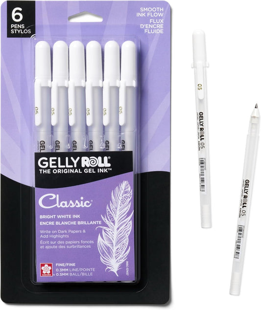 SAKURA Gelly Roll Gel Pens - Fine Tip Ink Pens for Journaling, Art, or Drawing - Classic White Ink - All are Tip Size Fine 05-6 Pack