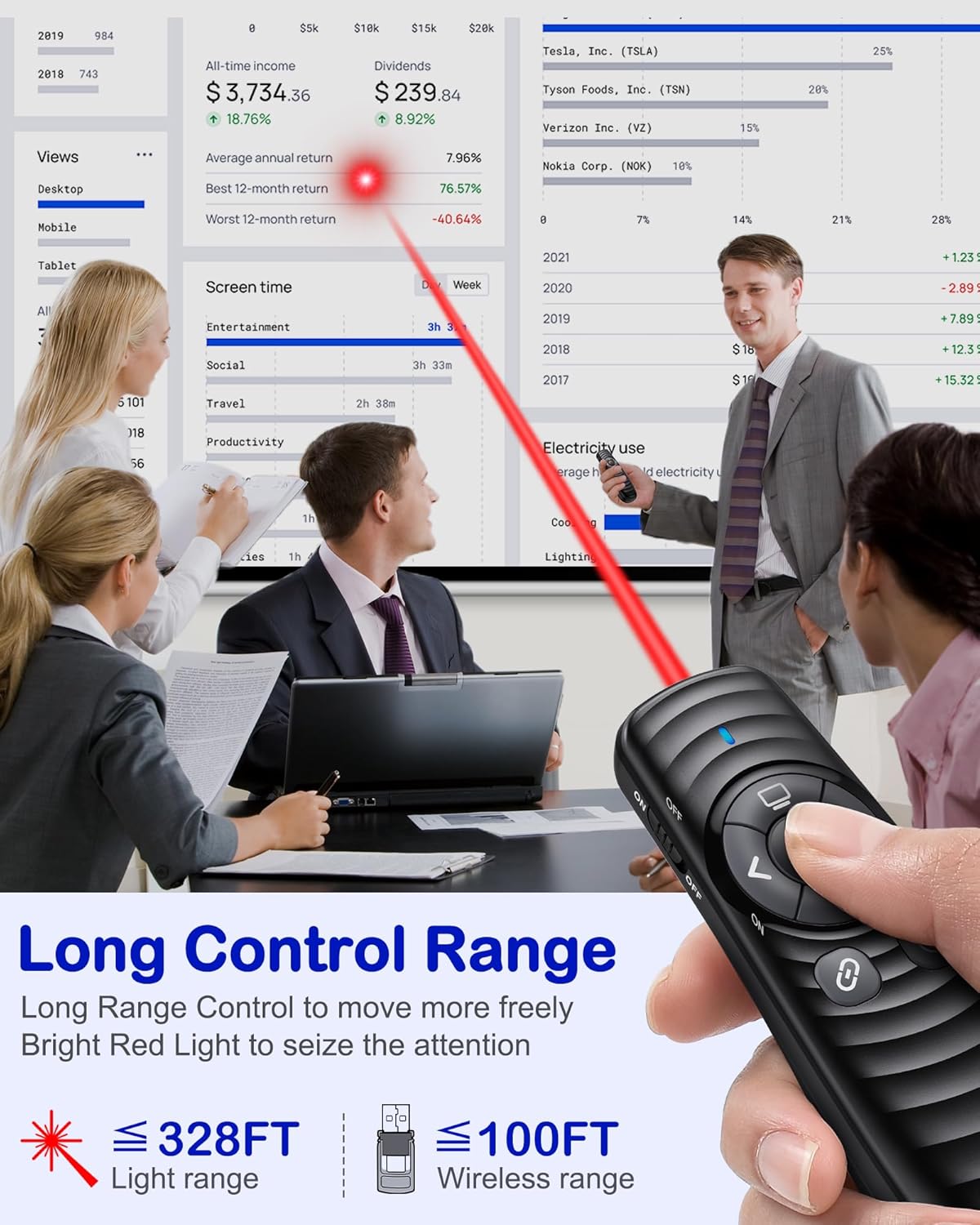 Wireless Presentation Clicker, Powerpoint Clicker Remote with Laser Pointer,Rechargeable Presentation Remote with Hyperlink & Volume Control for PowerPoint, Mac, Computer, Laptop