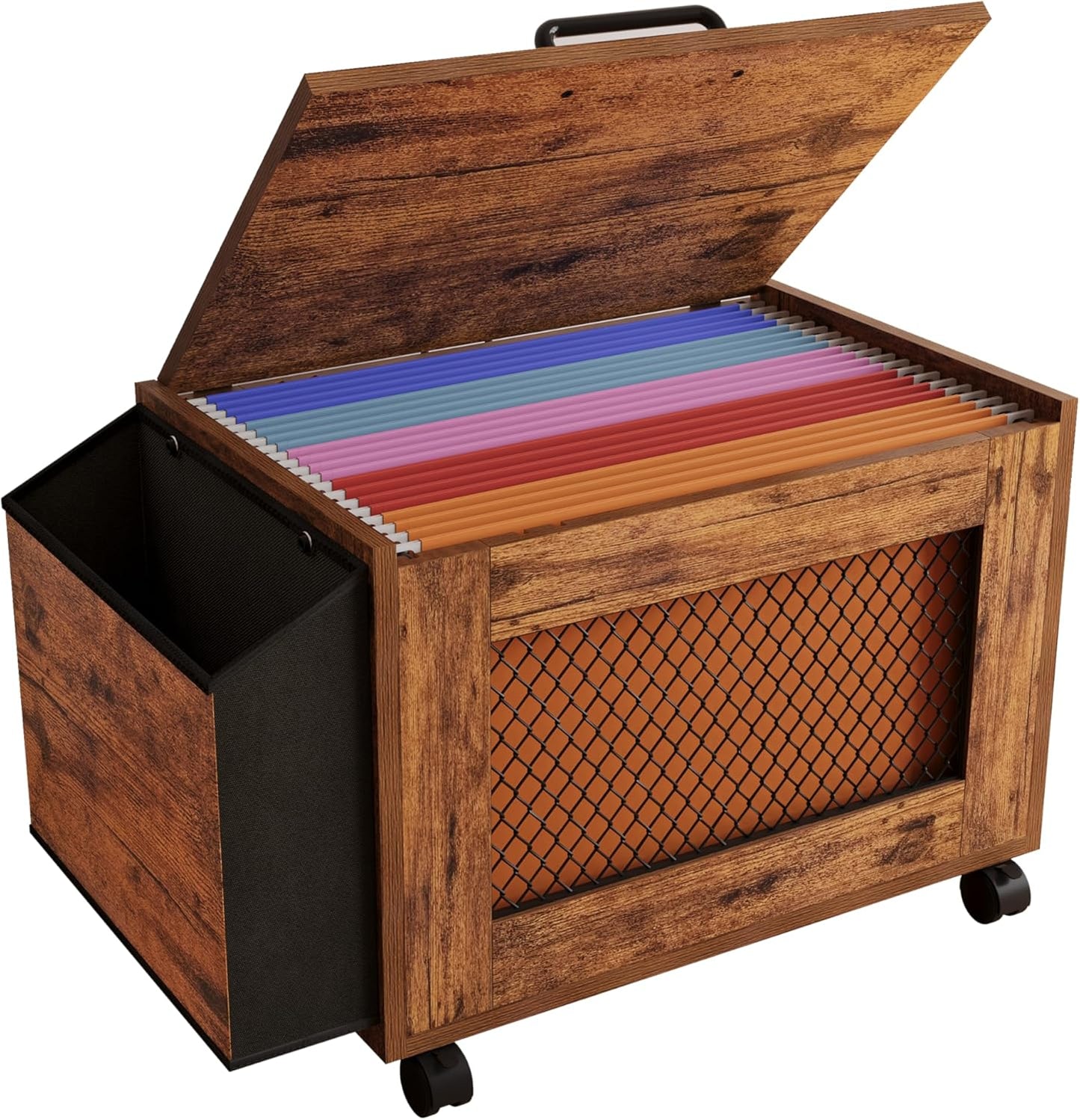 Rolling File Cabinet Cart,Under Desk Small Filing Cabine,Hanging File Organizer Box with Lid,Side Pocket for Letter/Legal Size, Wood Mobile Document Storage Basket for Home Office (Rustic Brown)