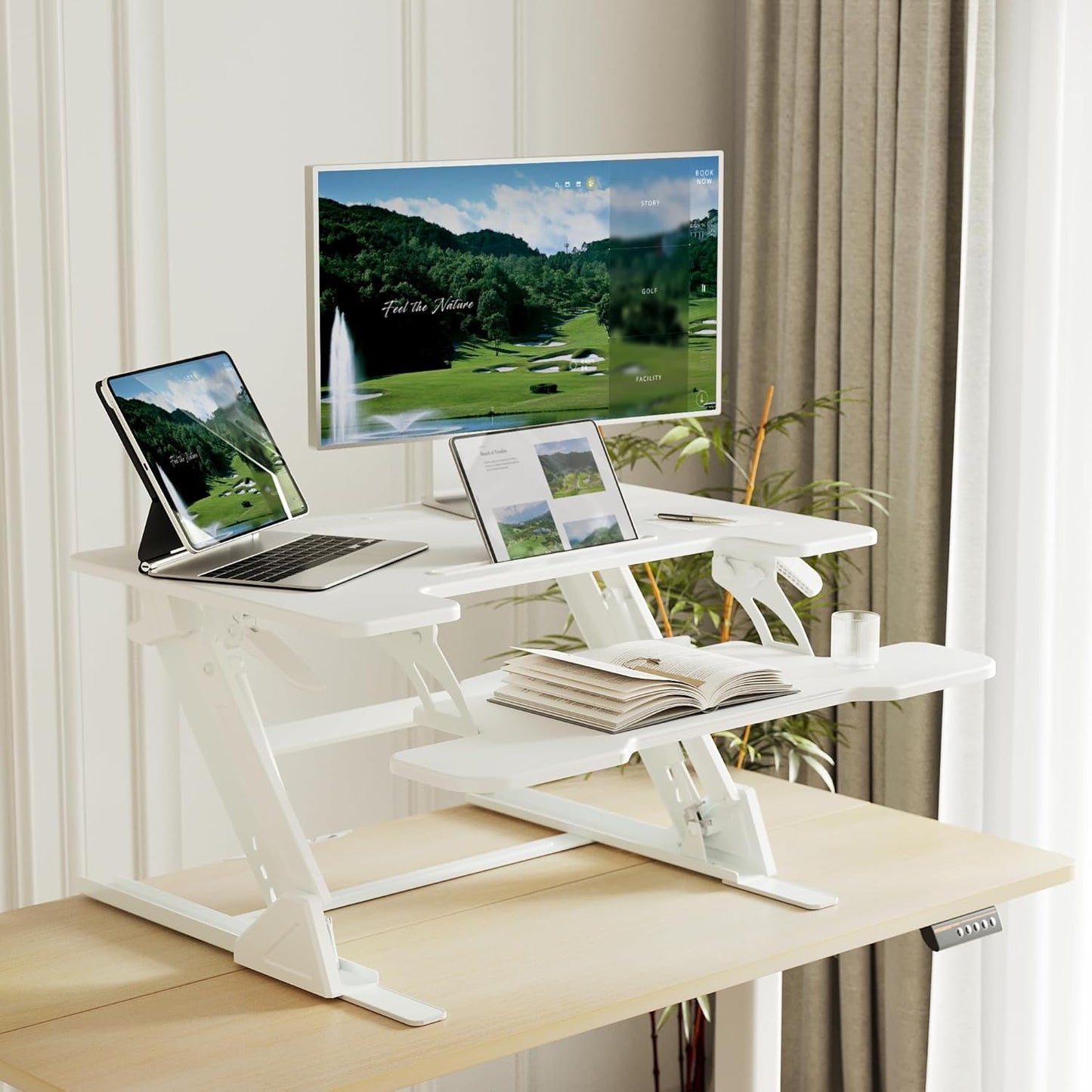 Claiks Standing Desk Converter 36 inch, Height Adjustable Sit Stand Up Desk Riser, Quick Sit to Stand Tabletop Dual Monitor Riser Workstation for Home Office with Keyboard Tray, White