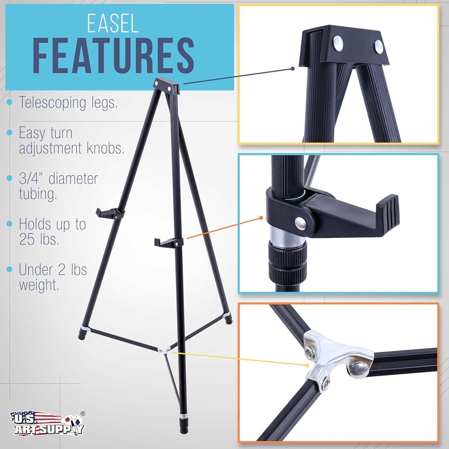 U.S. Art Supply 66" High Black Metal Display Art Easel - Large Adjustable Height Portable Easel Stand, Sign Display, Holds 25 lbs - Floor & Tabletop Easels, Sign Stand