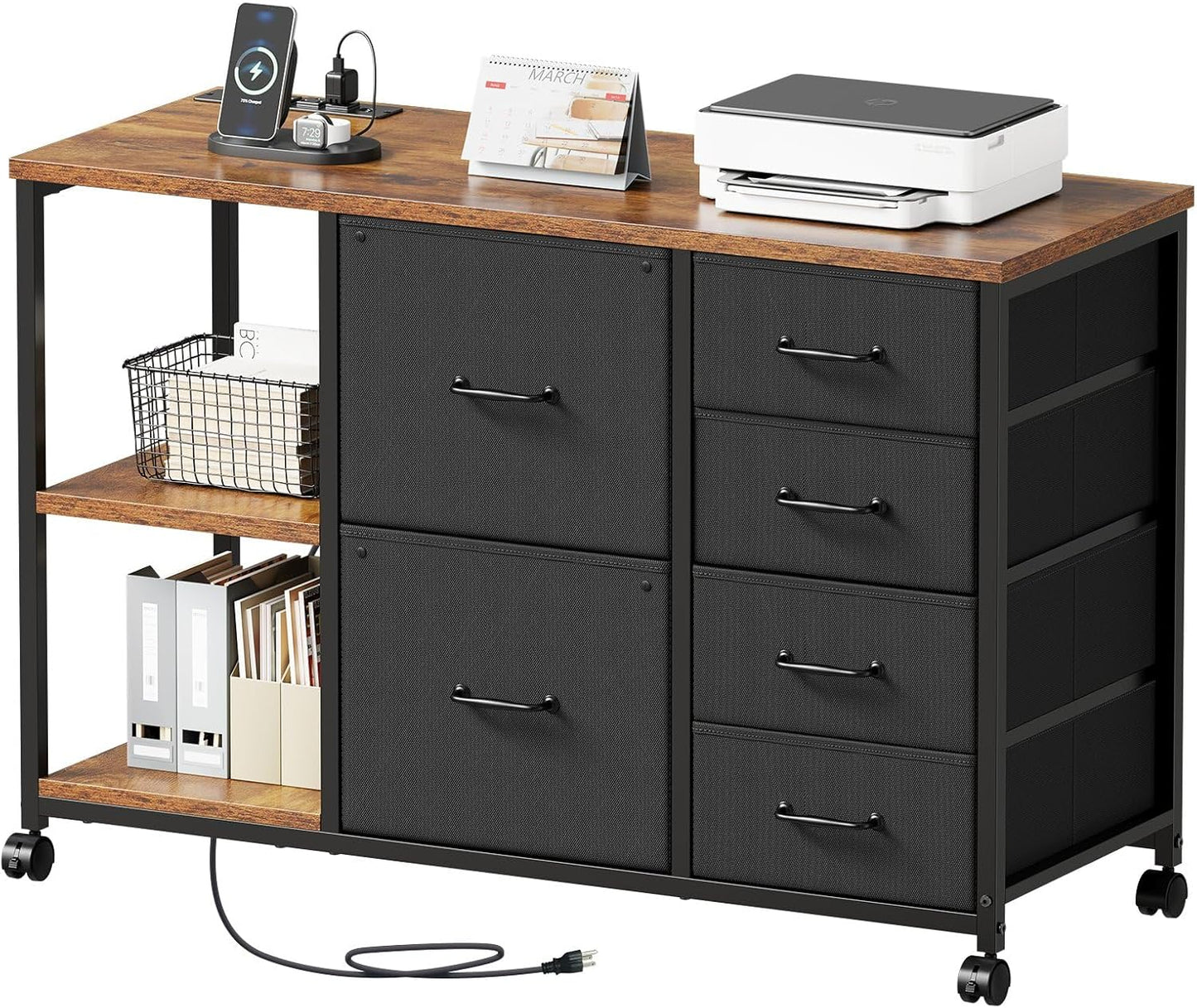 6 Drawer File Cabinet with Charging Station Rolling Printer Stand with Open Storage Shelf Fabric Lateral Filing Cabinet for Home Office,Rustic Brown