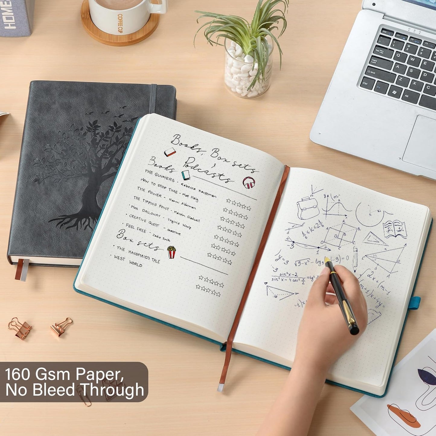 ZXHQ A5 Bullet Dotted Journal Notebook - 150gsm Thick Paper, 256 Pages, Dot Grid Hardcover, Tree of Life Design, Fine Inner Pocket - 5.9" × 8.5" Dark Grey