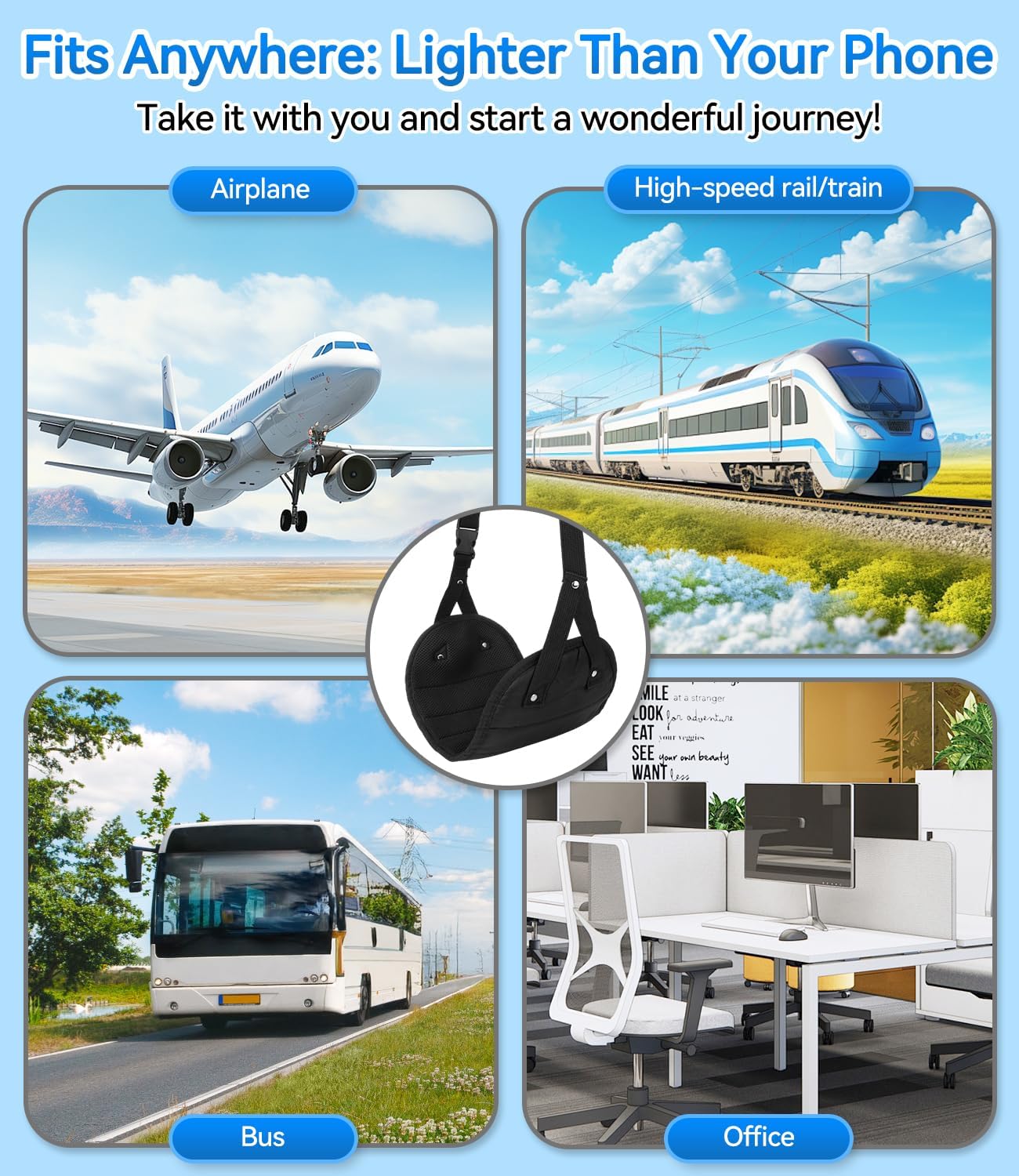 Portable Airplane Foot Hammock(Memory Foam)-Ultimate Comfort Bundle w/Sleep Mask & Ear Plugs, Foot Hammock for Plane Travel Essentials to Relax Your Feet, Airplane Foot Rest Perfect for Long Flight