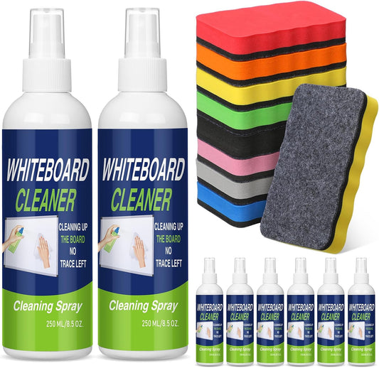 16 Pcs Dry Erase Whiteboard Cleaner Set, 8.5 fl oz Whiteboard Cleaning Spray Dry Erase Board Liquid Cleaner with 8 Magnetic Chalkboard Board Erasers for Classroom Home Office