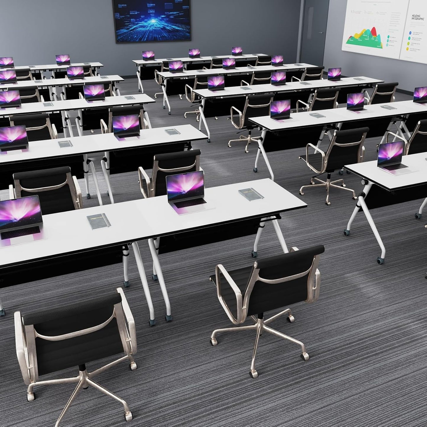 Conference Table, Folding Conference Room Tables, Mobile Training Tables with Silent Wheels, Large Rectangular Modular Seminar Table Office Computer Desks for Classroom White (6Pack L55.1in)