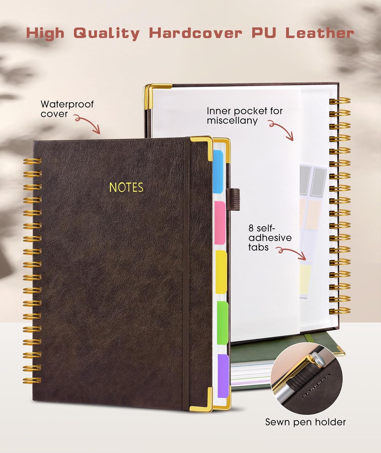 Hardcover Spiral Notebook Journal with Removable Dividers Tabs, 300 Pages Leather 5 Subject Notebook College Ruled, 8"x10" Large B5 Notebooks for Work School Note taking, Lined Journal for Men,Brown