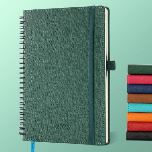 Planner 2026 Daily Weekly and Monthly,8.5"x6.5",12 Months Spiral Bound Calendar Agenda with Self-adhesive Pen Holder,2026 Appointment Book with Vegan Leather Soft Cover,Green