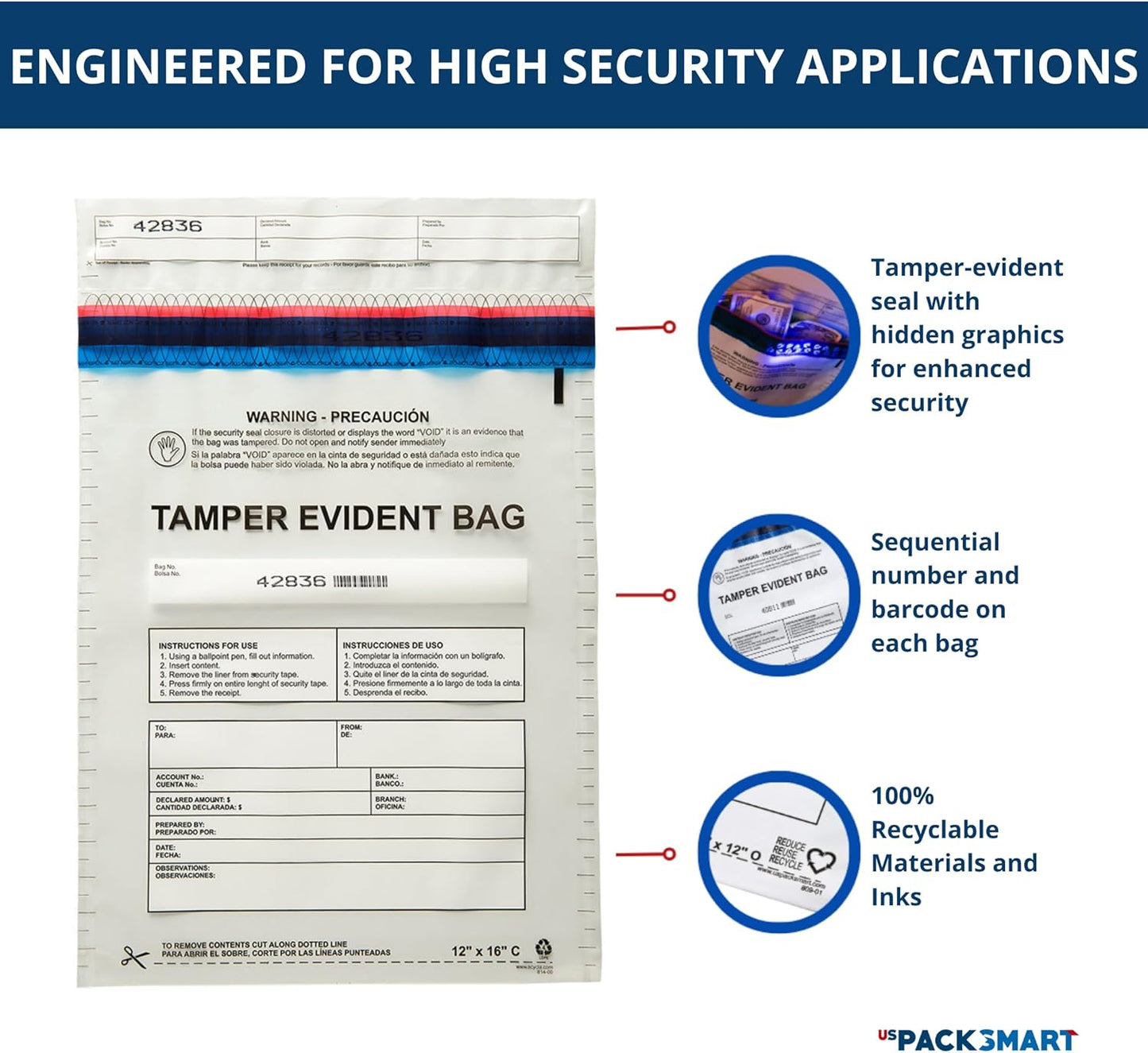 10”x13" Clear Plastic Deposit Bags with Security Tape Tamper Evident - Secure Bank Deposits, Cash Handling, & Currency Transport | Self-Sealing Tape with Hidden Graphics | 100-Pack