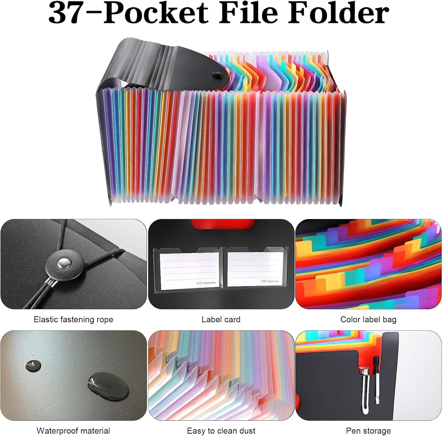 37-Pocket Expanding File Folder with Labels, A4/Letter Size Accordion Document Organizer, Portable Black Folder for Office, Travel, Business, School & Home