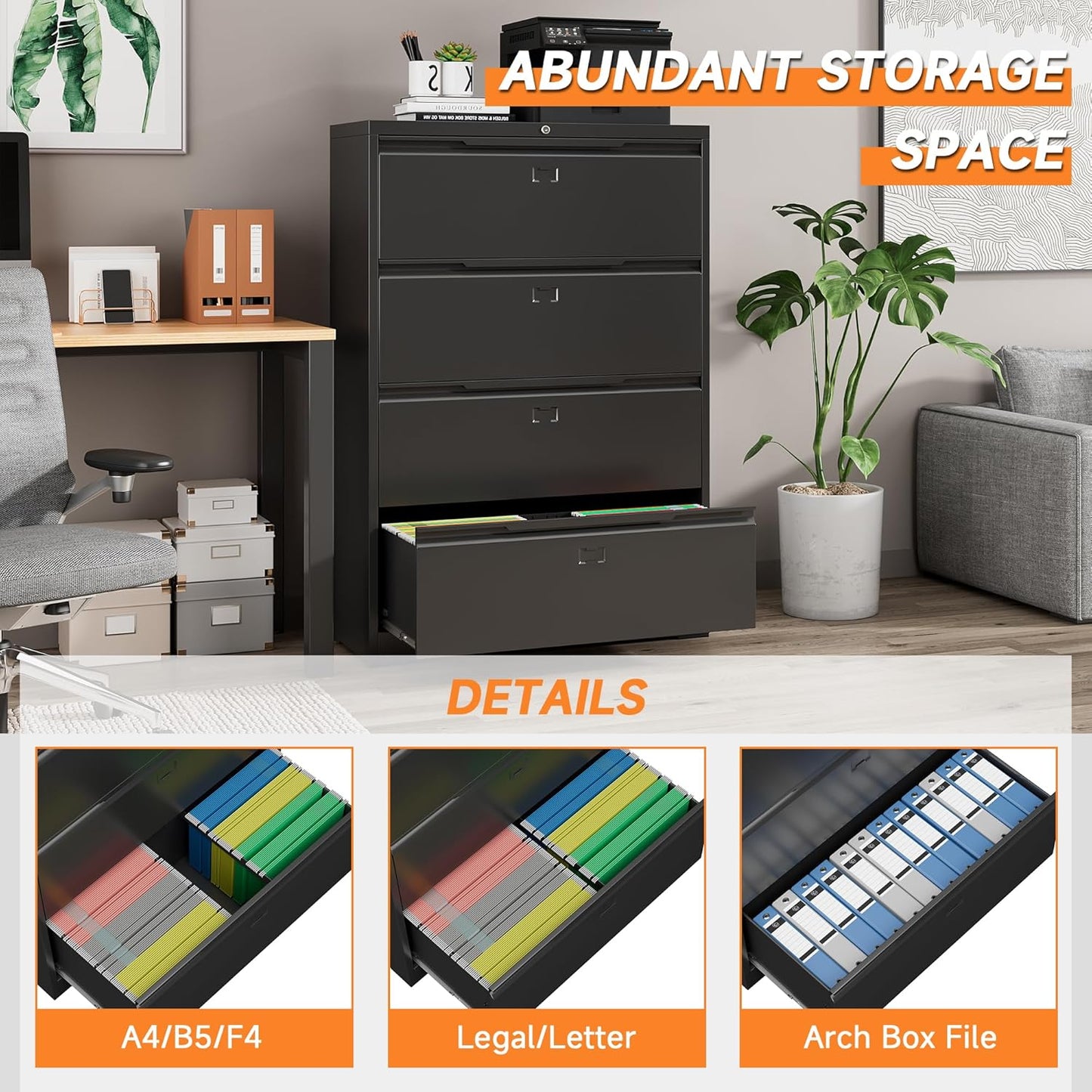 File Cabinet, 4 Drawer Metal File Cabinet with Lock, Lateral File Cabinet for Home and Office, Lateral File Cabinet for A4 Legal/Letter Size, Assembly Required (Black, 4 Drawer)