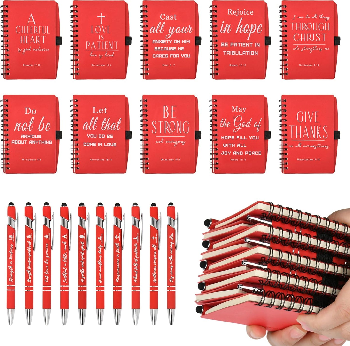 Christian Prayer Journal Spiral Red Notebooks Bulk with Pens- Small Notepads (4.13”x5.43”) - inspirational gifts for women, Church Members & Bible Study Groups (30 Sets Red)