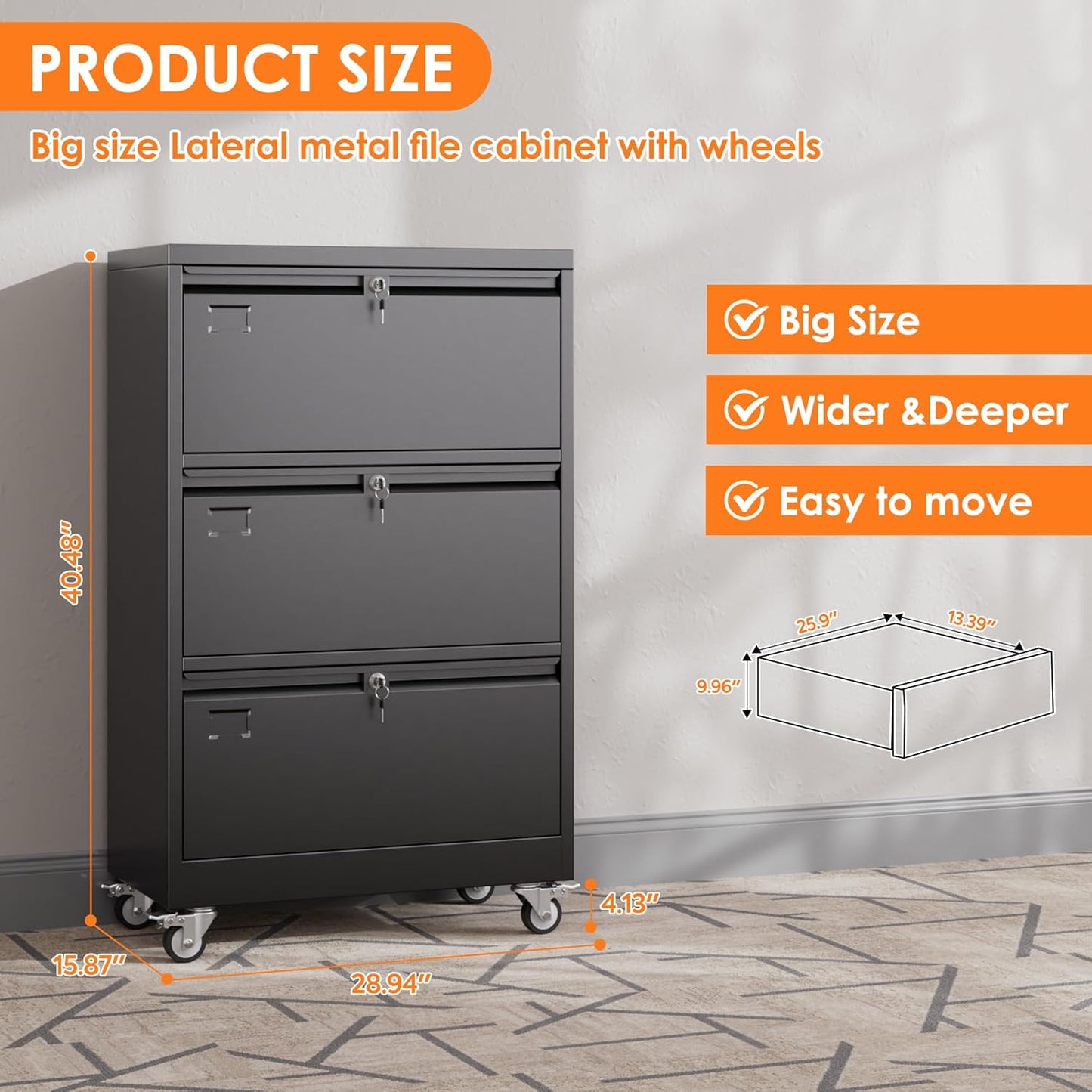 METAN Upgrade 3 Drawers Lateral File Cabinet on Wheels,Steel Office Filing Storage Cabinet with 3 Locks,Assembly Required,Black