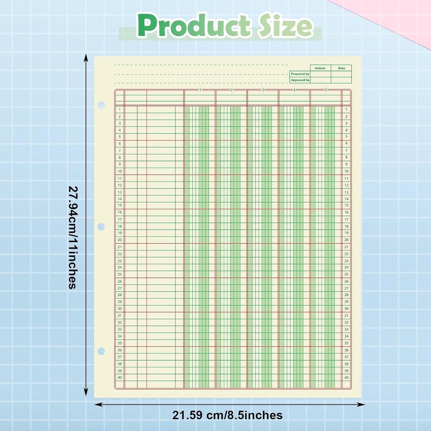 Fulmoon 5 Pack 250 Sheets Ledger Paper Accounting Columnar Pads 3 Hole Analysis Accounting Ledger Book for Business, 50 Sheets/Pack, Single Page Format, Green(8.5 x 11 Inch,5 Columnar)