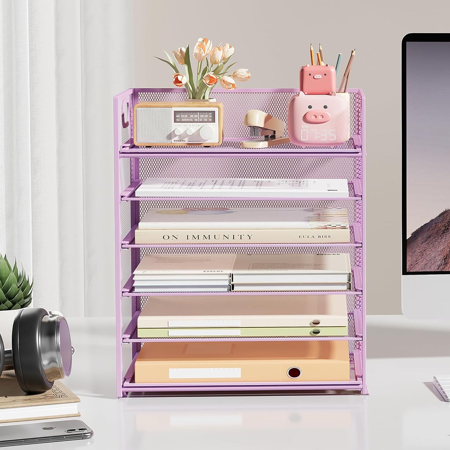 Subekyu 6 Tier Paper File Tray Organizer for Desk, Purple Mesh Desk Letter Paper File Folder Accessories Sorter Organizer with Handle, Stackable Slide Tray for Office, Home or School Supplies Storage