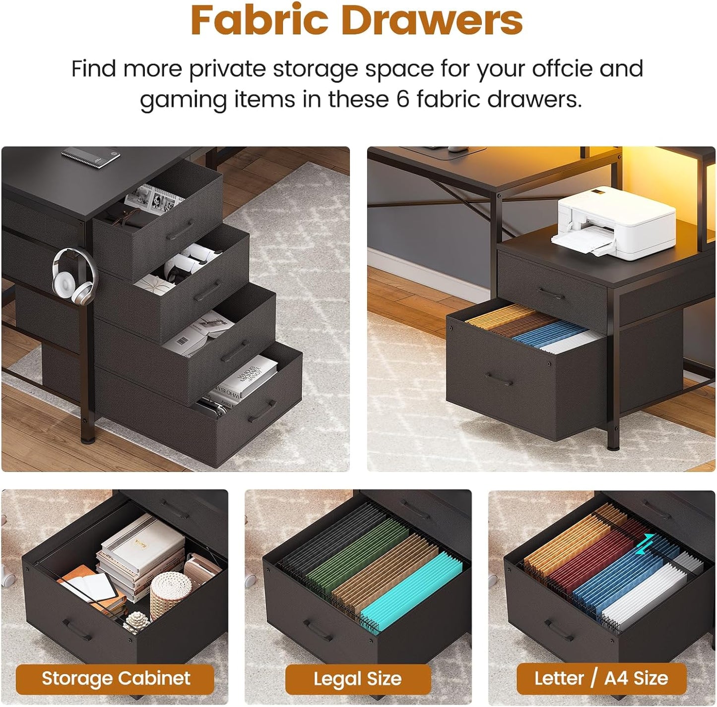 SEDETA L Shaped Desk with 6 Drawer, 108" Home Office Desk with File Drawer & Power Outlet, Corner Computer Desk with Monitor Shelf, File Cabinet, Two Person Desk, Gaming Desk with Led Lights, Black