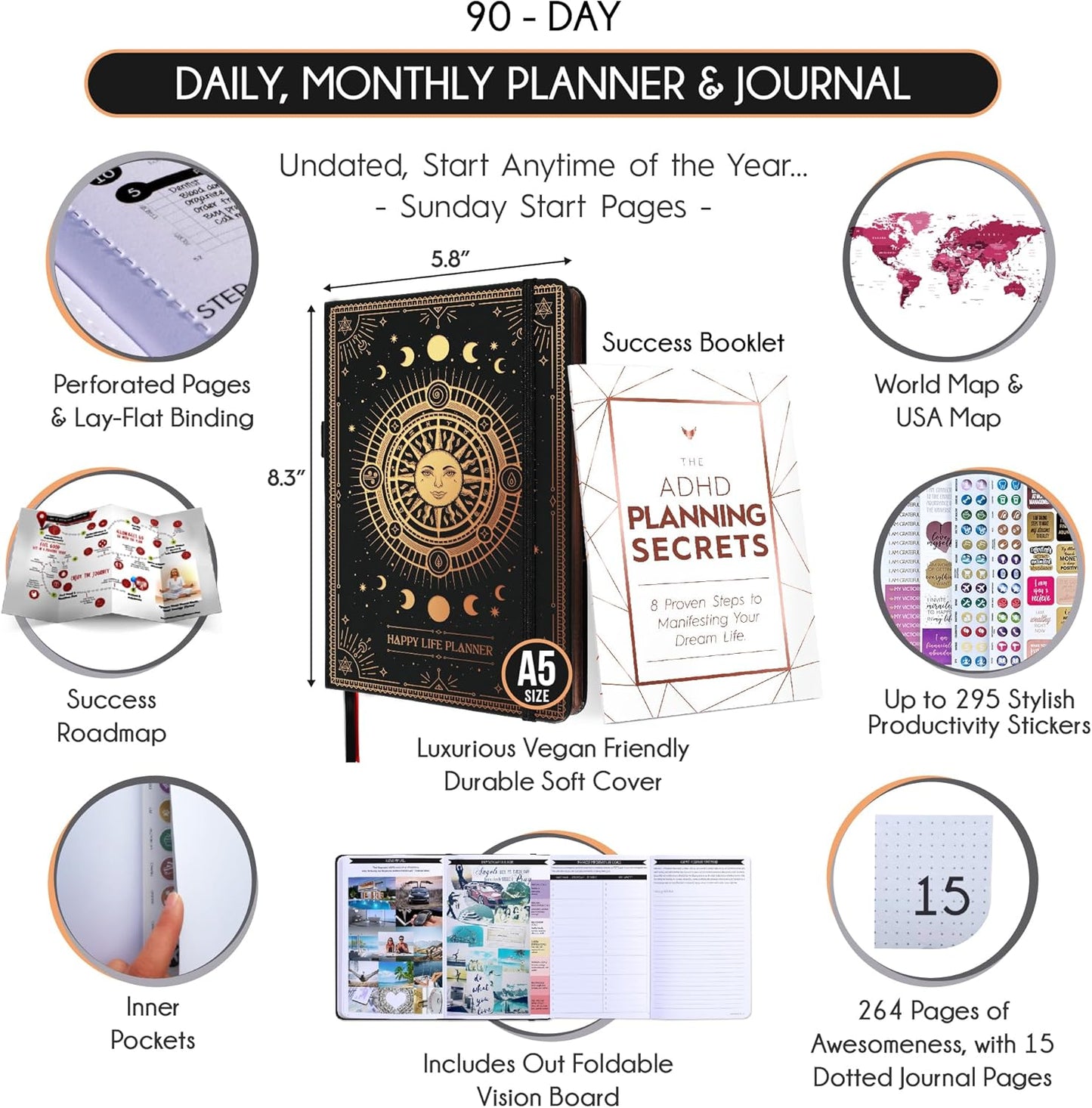 Adhd Daily Planner - A Self Care Personal Gratitude Journal to Increase Productivity and Success in Life & Work, Weekly & Monthly Undated Planner for Women and Men, Vision Board & Organizer + Stickers