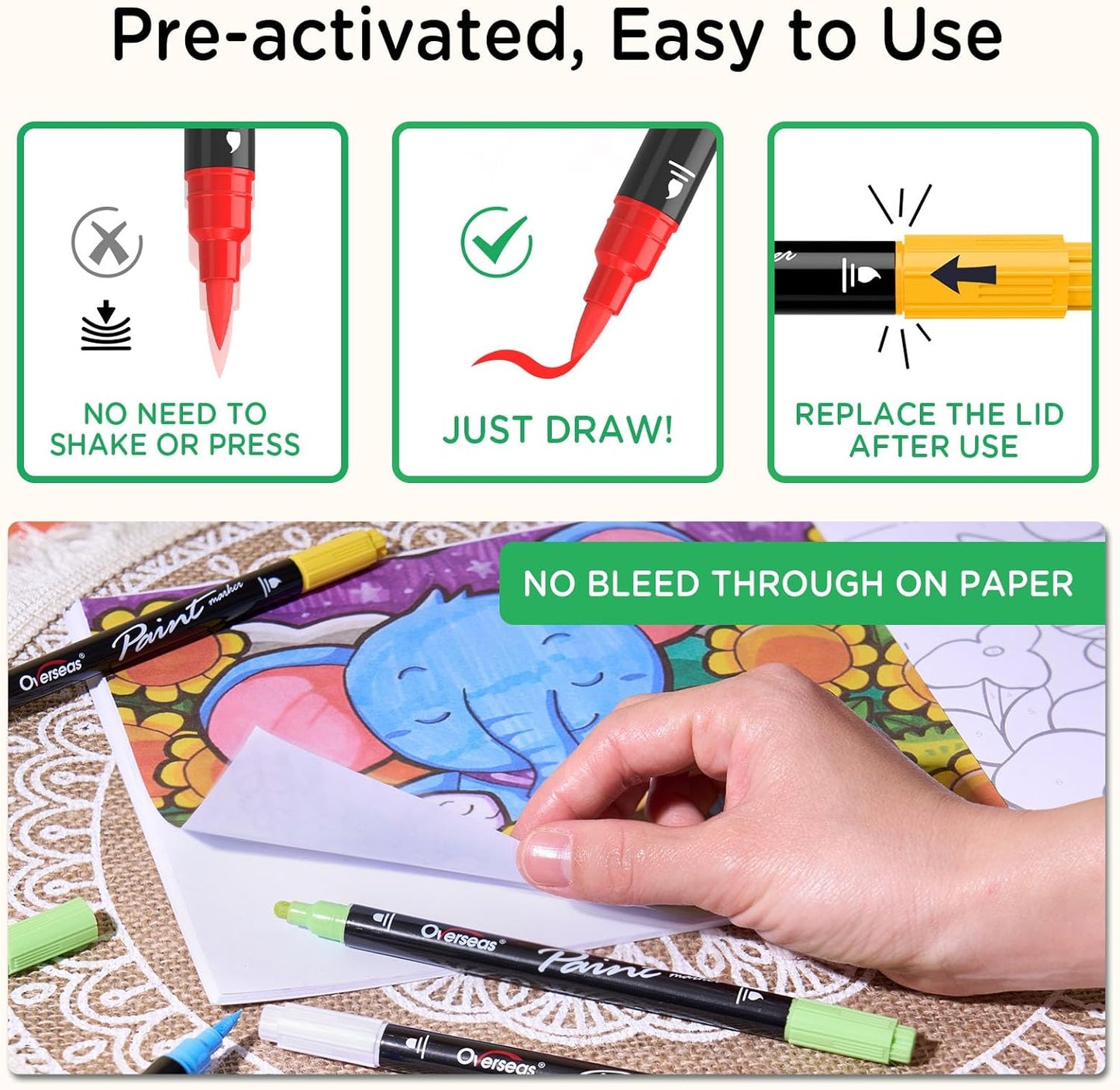 Overseas Black Acrylic Paint Markers, 2 Pack Dual Tip Paint Pens Acrylic Markers with Dot and Brush Tip, Coloring Marker for Wood, Rock, Canvas, Glass, Metal, Ceramic, Plastic, Fabric, School Supplies