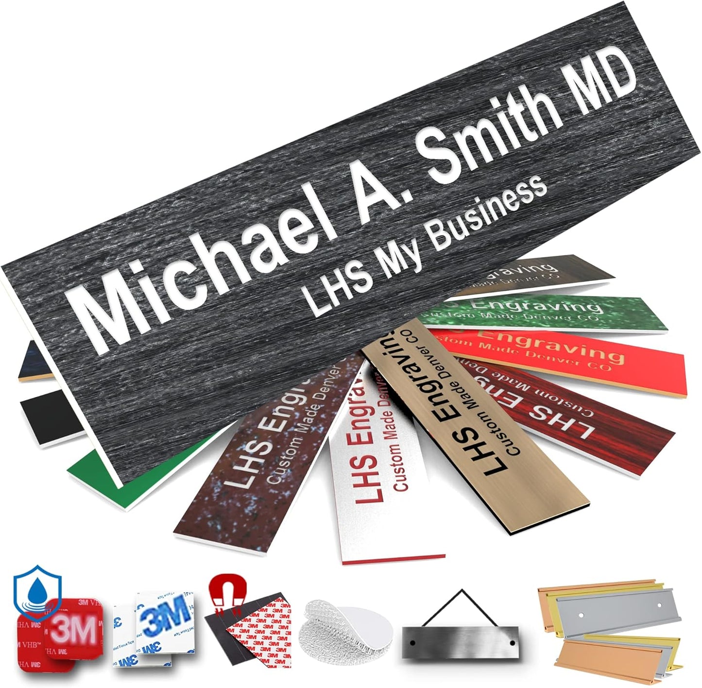 Door Name Plate Personalized for Office Ash Plastic Name Plate White Letters - Made in USA 2x8 N1