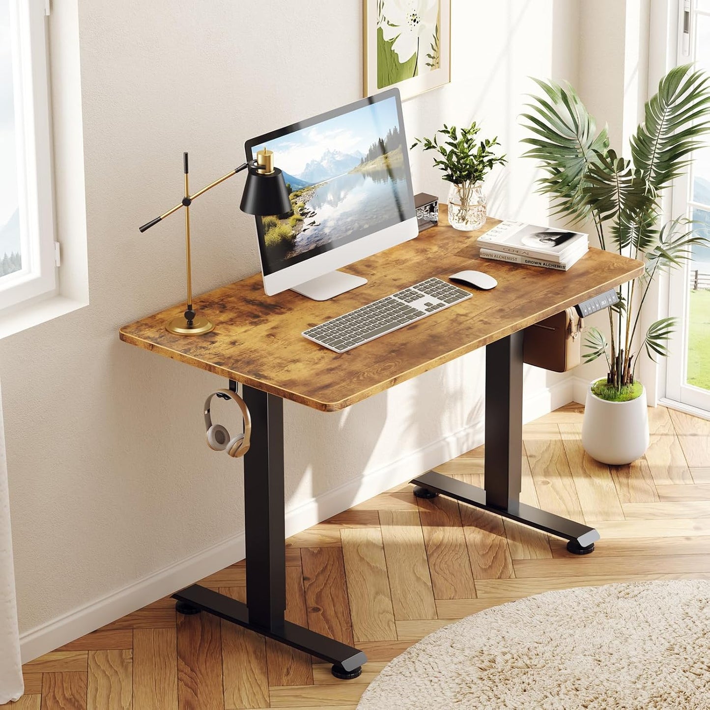 Veken 39.4" Small Electric Standing Desk, Height Adjustable Sit Stand Up, Wood Desktop, Work Home Office Computer PC Desks, Writing Study Bedroom Rising Table, Brown