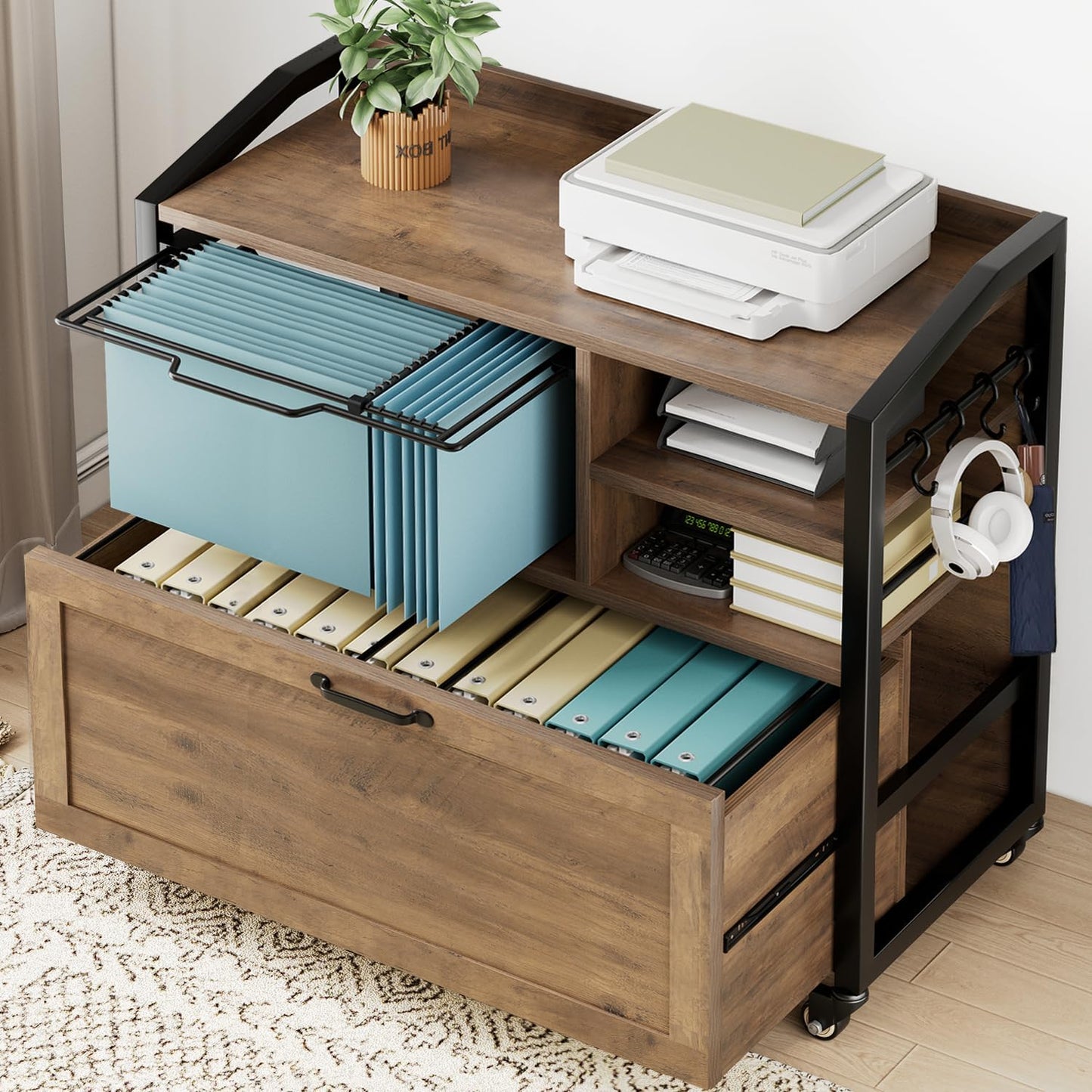 HSH Mobile Lateral File Cabinet with Drawer, Rolling Filing Cabinet for LegalLetter Size, Printer Stand with Storage Shelf, Lockable Wheels, Hanging File Organizer for Home Office, Rustic Oak, 33Inch