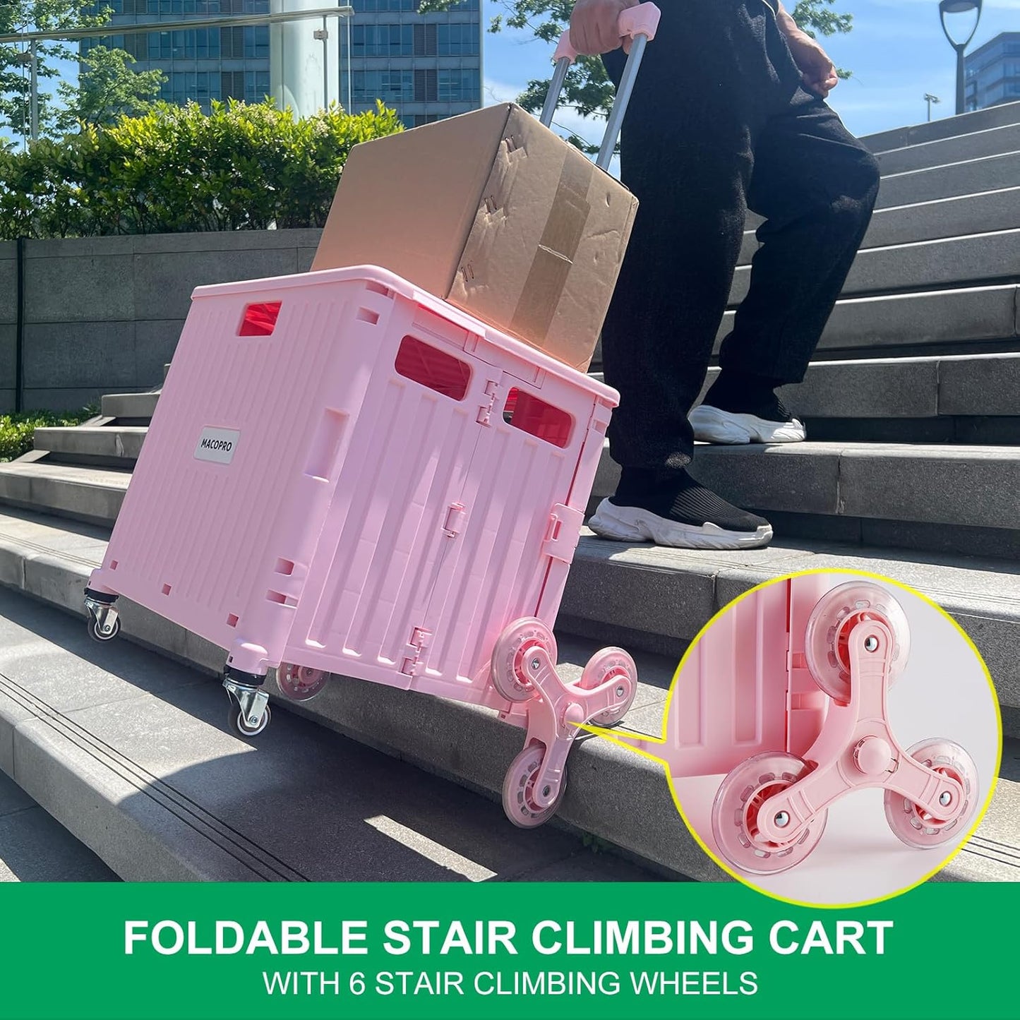 Foldable Utility Cart with Stair Climbing Wheels, Collapsible Rolling Crate with Telescoping Handle, Folding Shopping Trolley Handcart Grocery Book File Tool Teacher Storage Basket (Pink)