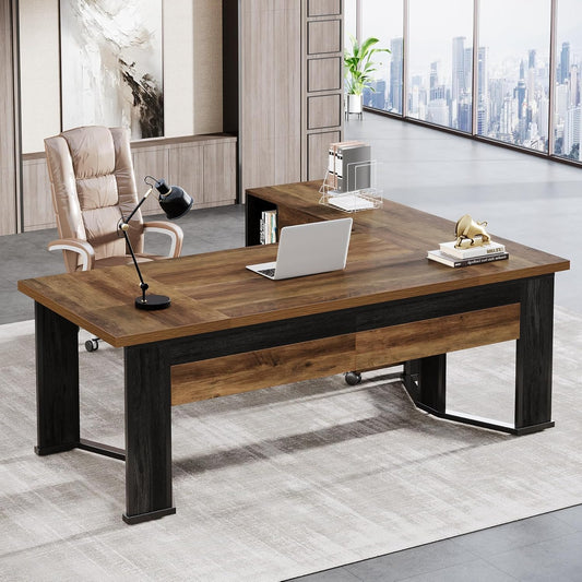 Tribesigns 70.86" Executive Desk with Mobile File Cabinet, Large L Shaped Computer Office Desk with 2 Drawers and Storage Shelves, Business Furniture Desk Workstation for Home Office (Rustic Brown)