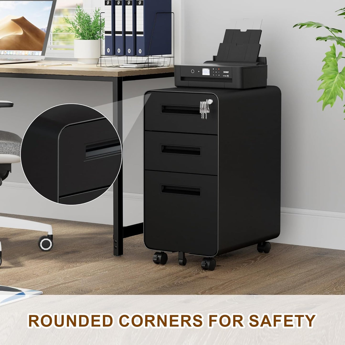 3 Drawer File Cabinet with Lock and 4 Keys, Mobile Metal Filing Cabinet, File Cabinets for Home Office, Under Desk, Pre-Assembly, File Drawer, Letter/Legal/A4 Hanging File Folders