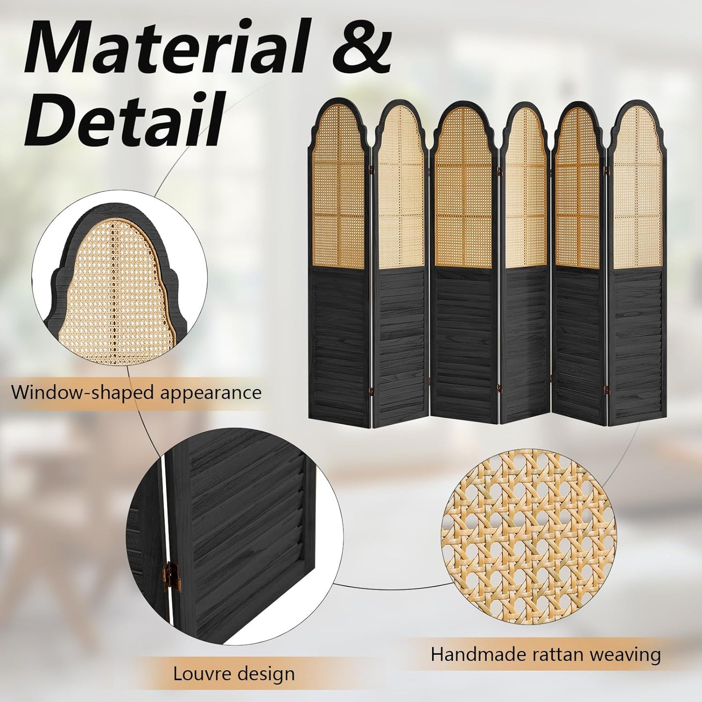 6 Panel Rattan Room Divider Panel, 5.6Ft Partitions and Dividers, Louvered Partition Divider, Room Dividers Screen, Solid Wood Frame, Folding Screen, Bedroom, Family Room, Black