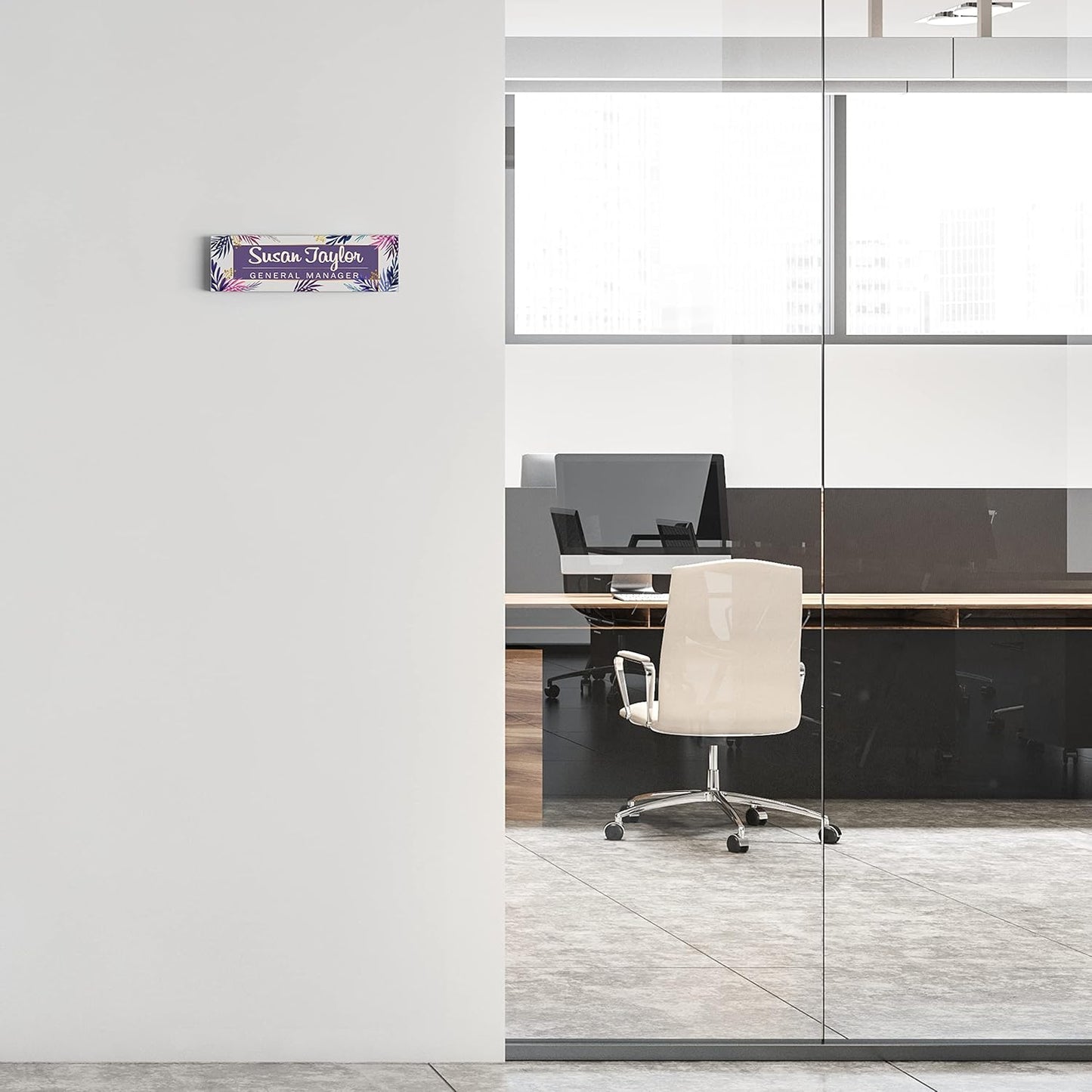 Artblox Personalized Office Desk Name Plate and Business Card Holder | Clear Acrylic Glass with Teak Wood Stand | Purple Leaf Design Customized with Your Name and Credentials Office Desk Decor