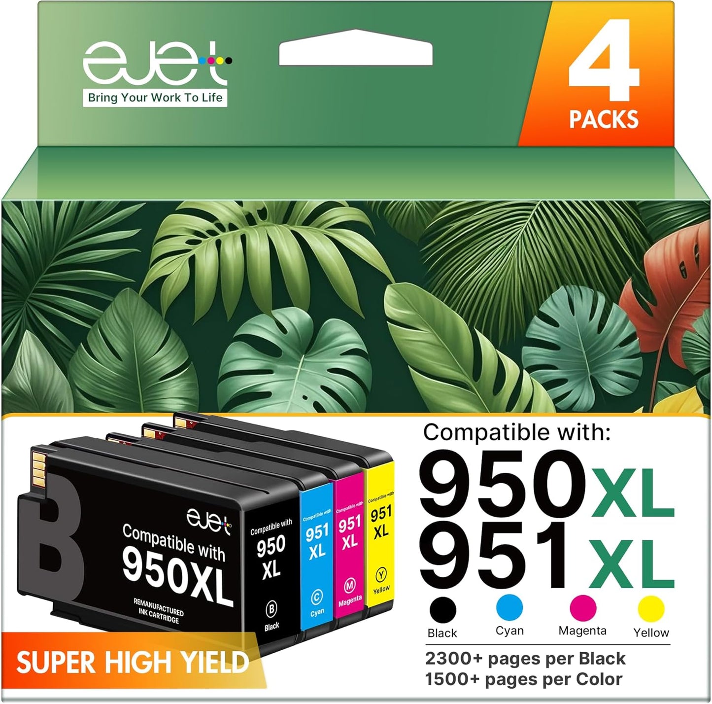 ejet 950XL and 951XL Ink Cartridges Combo Pack Compatible for HP 950 951 Ink Cartridges Combo Pack Use for OfficeJet Pro 8600 8610 8615 8620 8625 8100 8630 8660 276DW 251DW, Black Cyan Magenta Yellow