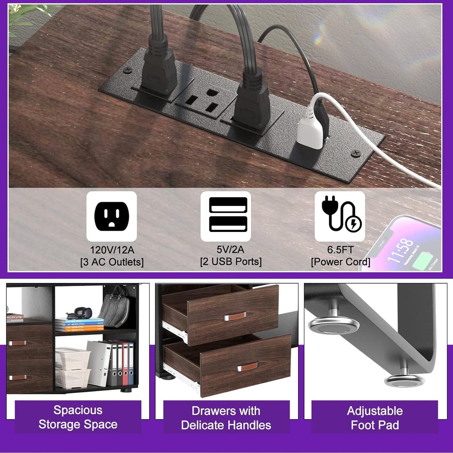 Homieasy L Shaped Desk with File Cabinet & Power Outlet, Reversible 55 Inch Large Corner Computer Desks with LED Strip, L-Shaped Computer Desk with Drawers and Storage Shelves, Espresso