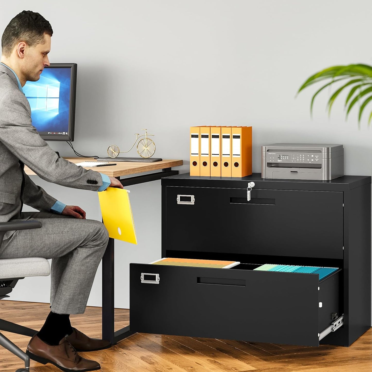 SISESOL 2 Drawer Lateral File Cabinet with Lock,Black Lateral Filing Cabinet,Horizontal Metal Filing Cabinets,Locked Wide Two Drawer File Cabinets for Office Home,Fit A4/F4/Letter/Legal File