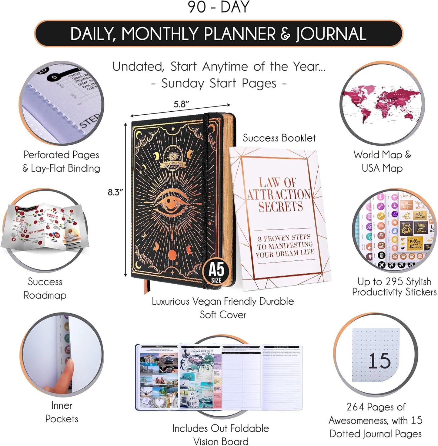 Law of Attraction Life & Goal Planner - A 90 Day Journey Creating Your Dream Life - Personal Gratitude Journal, Week Success Planner, Vision Board & Organizer + Planner Stickers, Undated