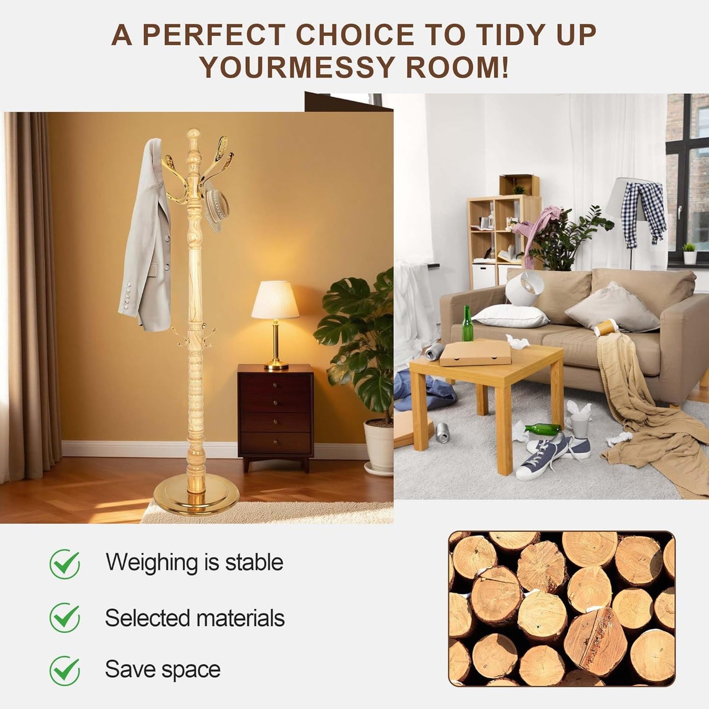 Solid Wood Coat Rack Stand with 14 Hooks, Vintage Coat Rack Freestanding with Heavy Duty Metal Base, Adjustable Height Coat Hanger Stand Hall Tree Fits Entryway Bedroom Office for Coat,Bag,Hat