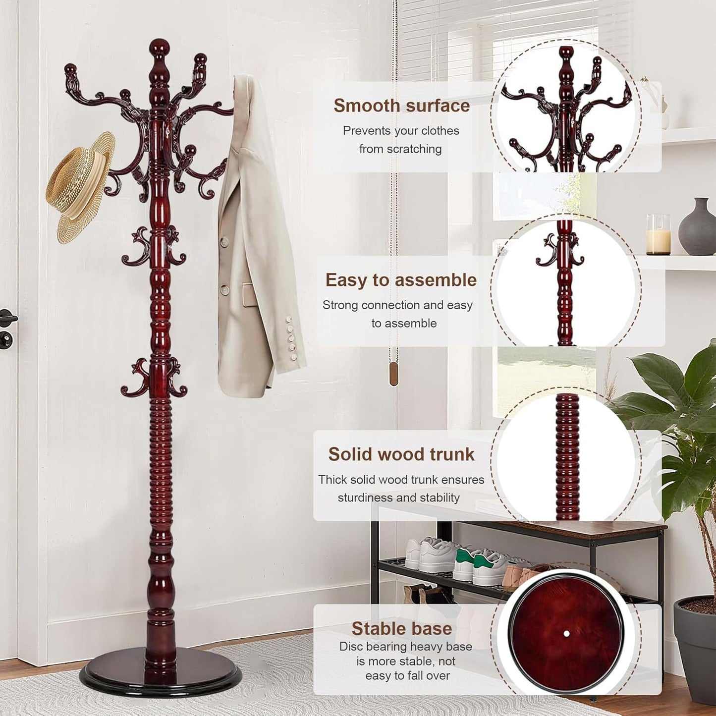 Solid Wood Coat Rack Stand with 18 Hooks, Vintage Coat Rack Freestanding with Heavy Duty Base, 3 Adjustable Height Coat Hanger Stand Hall Tree Fits Entryway Bedroom Office for Coat,Bag,Hat