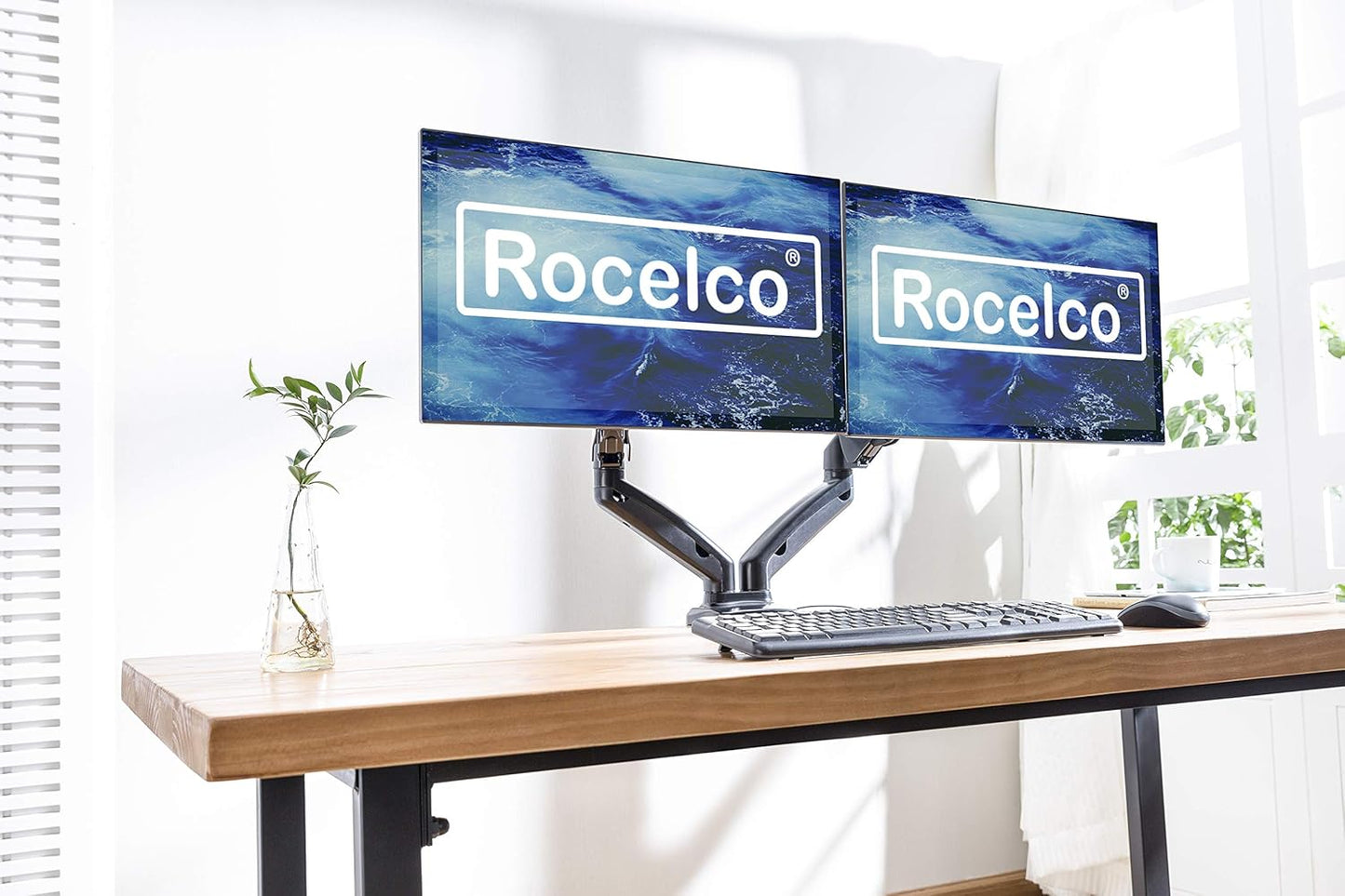 Rocelco 46" Large Height Adjustable Standing Desk Converter with Dual Monitor Mount Arm BUNDLE - Quick Sit Stand Up Computer Workstation Riser - Retractable Keyboard Tray - Black (R DADRB-46-MA2)