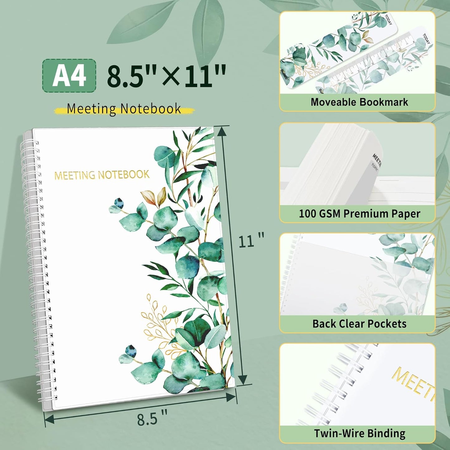 SUNEE Half Meeting Half Note - 8.5"x11" Professional Notebooks for Work - 160 Pages, A4 Size Project Planner, Spiral Meeting Agenda/Minutes Organizer for Women Men, Note Taking, Office & Business