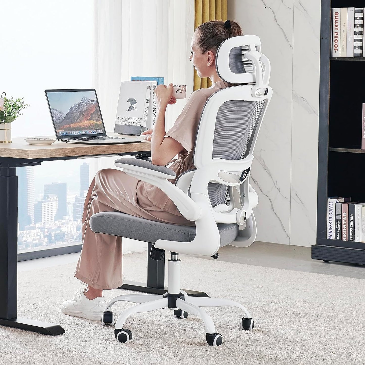 TRALT Office Chair Ergonomic Desk Chair, 330 LBS Home Mesh Office Desk Chairs with Wheels, Comfortable Gaming Chair, High Back Office Chair for Long Hours (White)