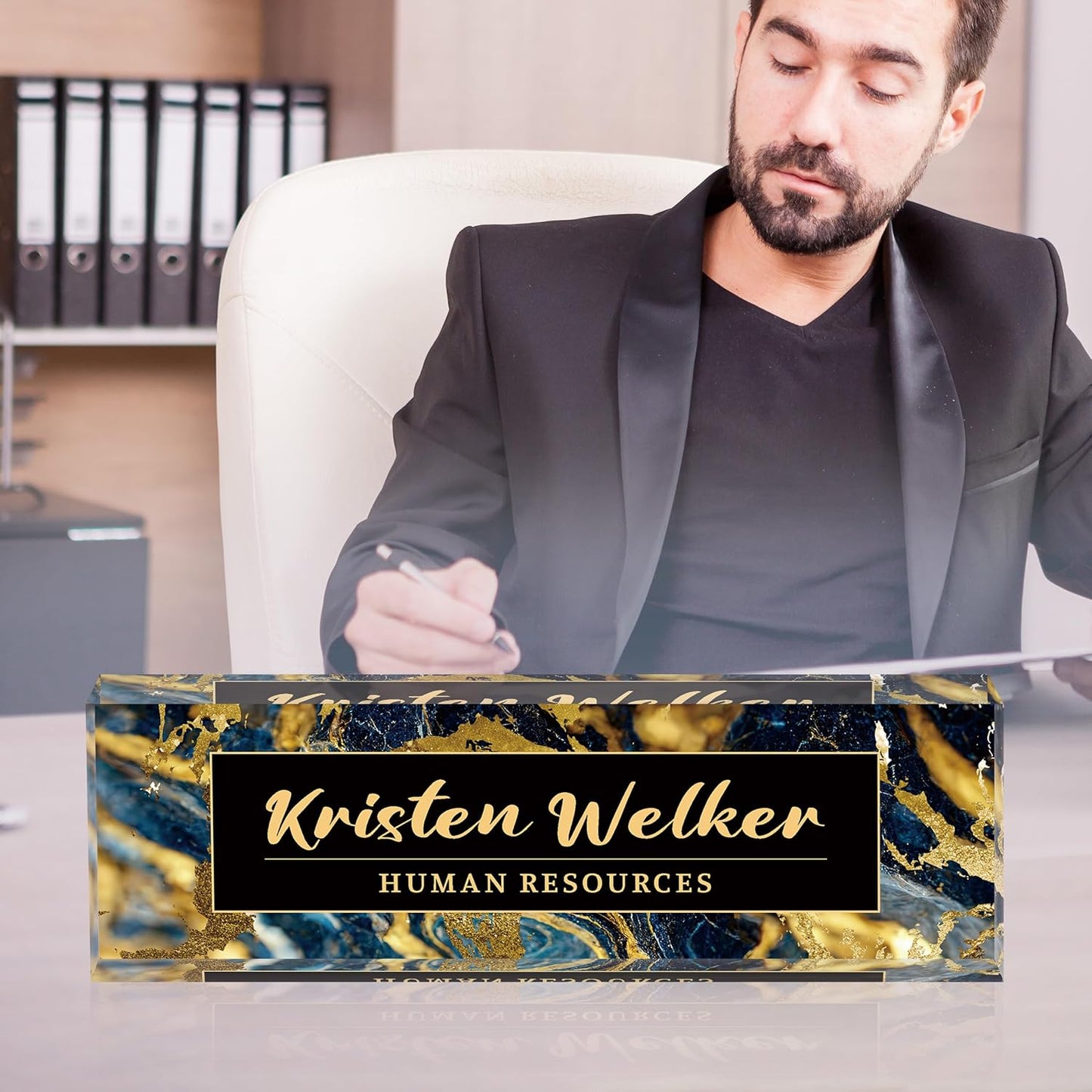 Desk Name Plate Personalized, Premium Black Gold Marble Acrylic Desk Name Plate, Personalized Name Plate for Desk, Office Decor for Women or Men Coworkers, Boss, Employee, Teacher