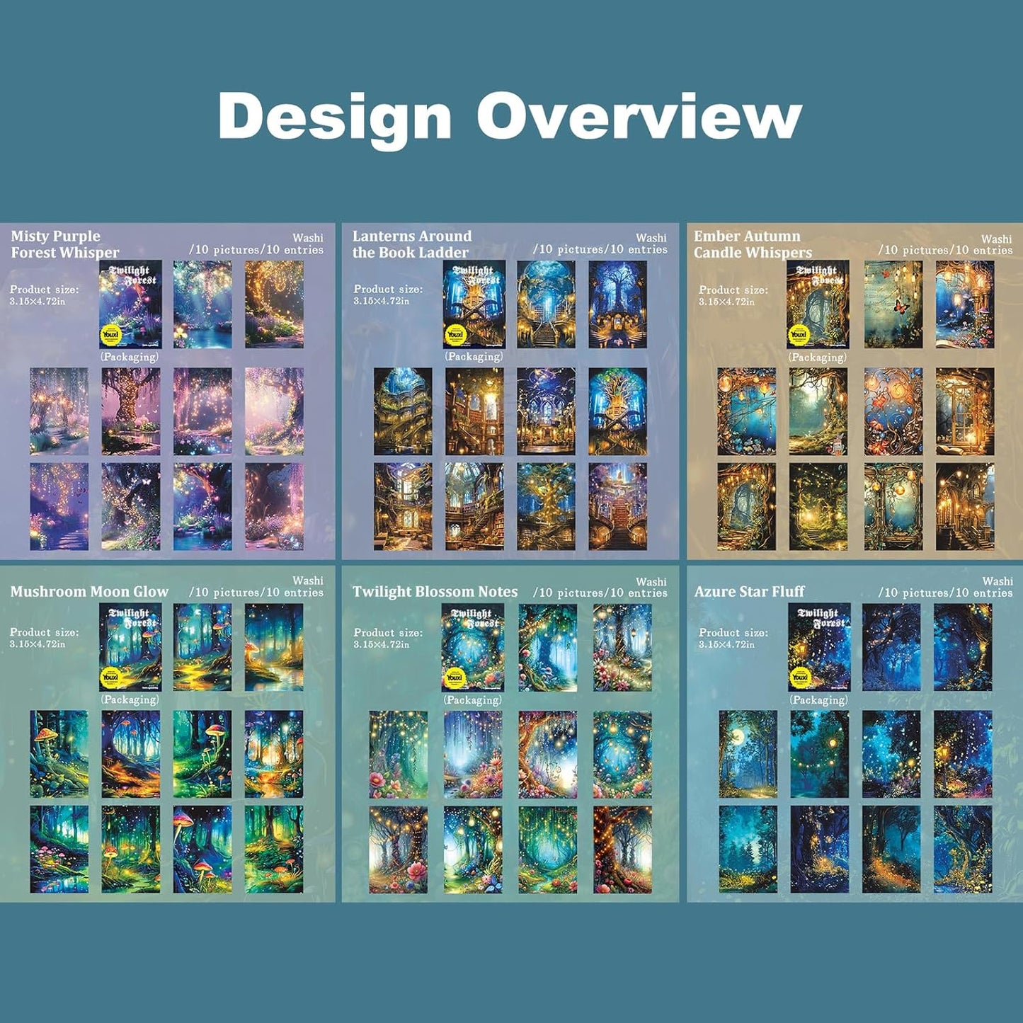 60PCS Twilight Forest Washi Stickers, Mystical Woodland Scenes for Journals, Scrapbooking, DIY Crafts and Gift Wrapping