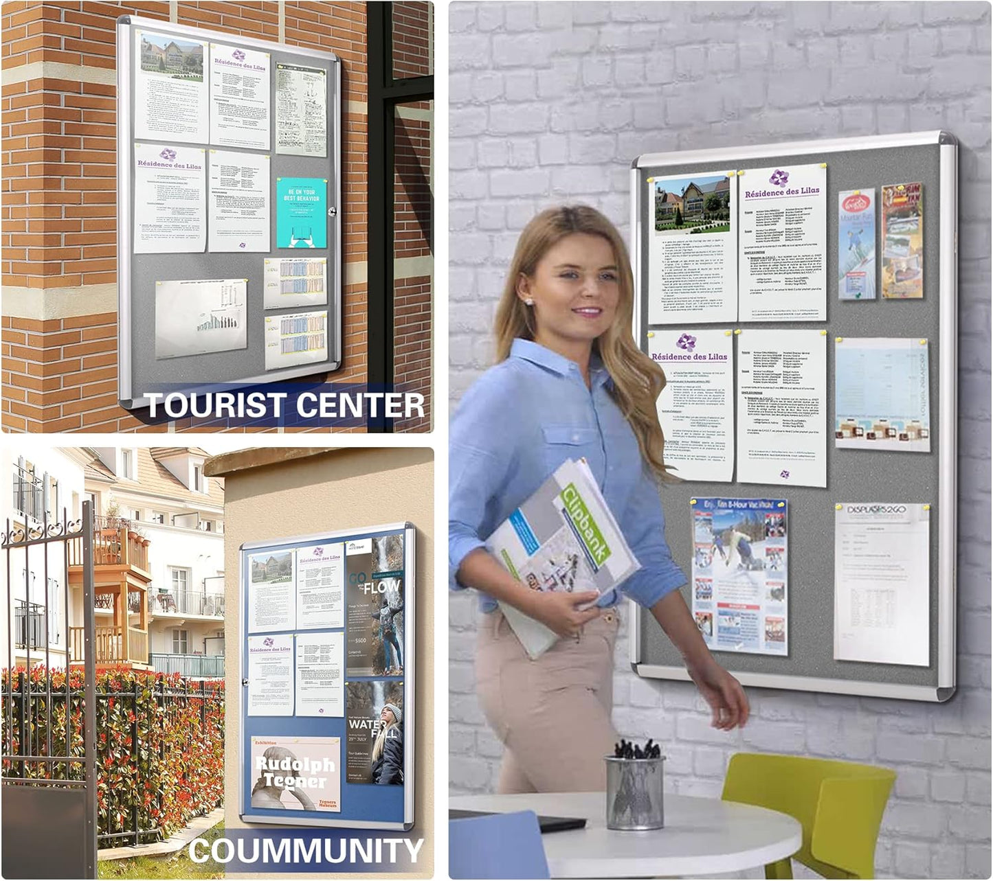 SWANCROWN Enclosed Noticeboard Grey Frabric Bulletin Boards Lockable Display Case Tamperproof with Keys Pins,38x14inch