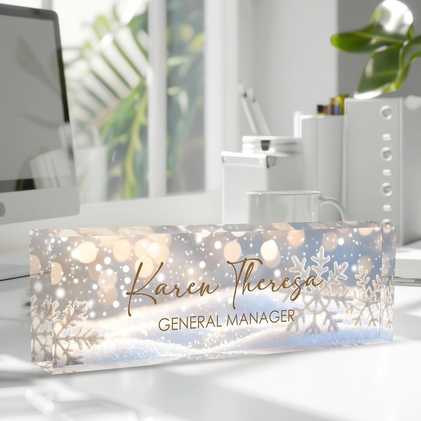 Custom Office Name Plate, Personalized Gifts for Women & Men, Appreciation Gifts for Employees, Office Desk Accessory (Shining Snowflake)