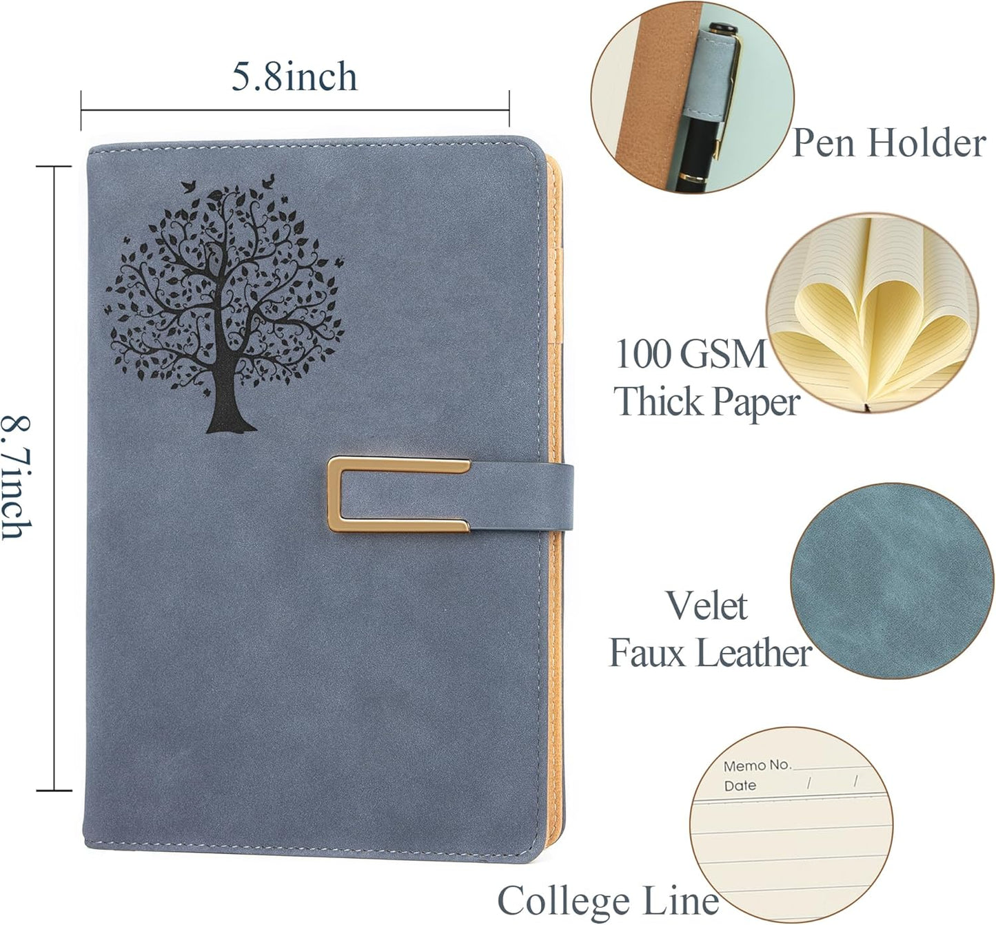Fanery sue Tree of Life Refillable Writing Journal for Women&Men Faux Leather Hardcover Notebook A5 College Ruled 200 Lined Pages Lay-Flat Personal Diary with Pen&Magnetic Buckle (Tree of Life-Blue)