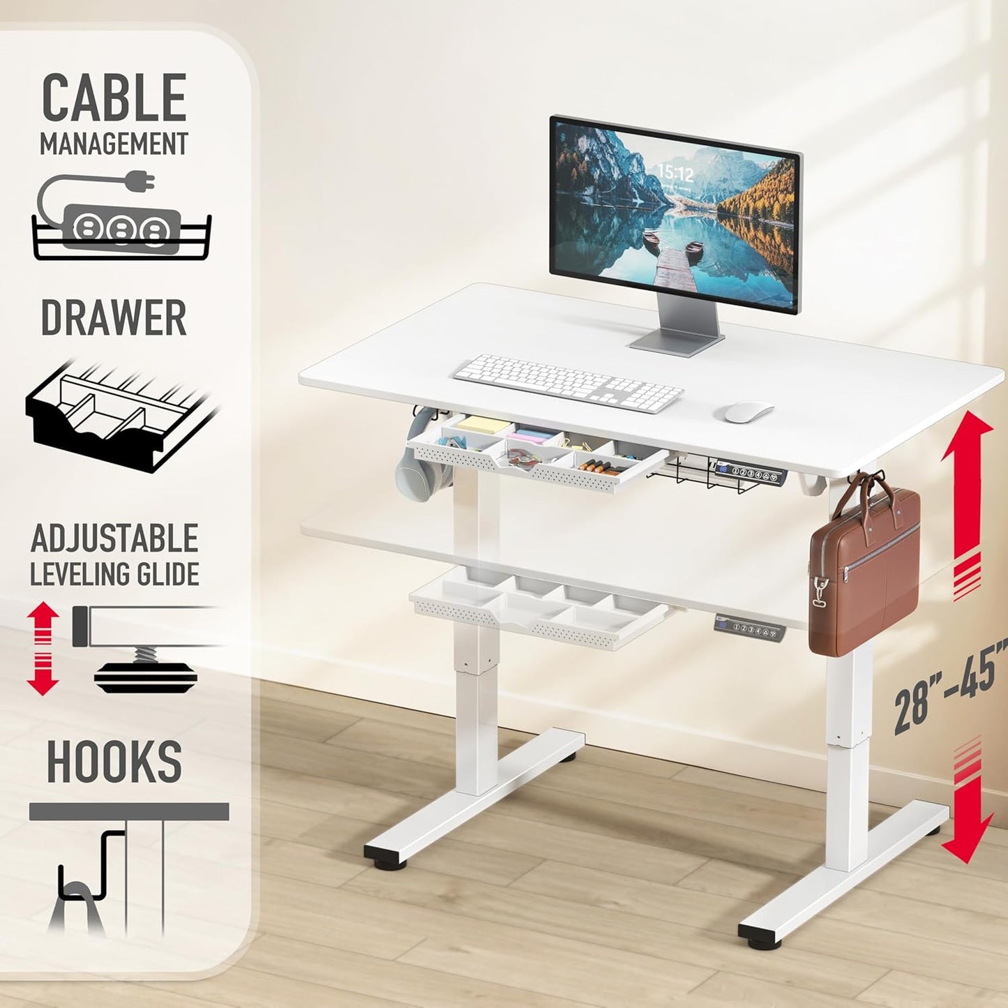 SHW 40-Inch Electric Height Adjustable Standing Desk with Drawer, Memory Preset and Cable Management Tray, White