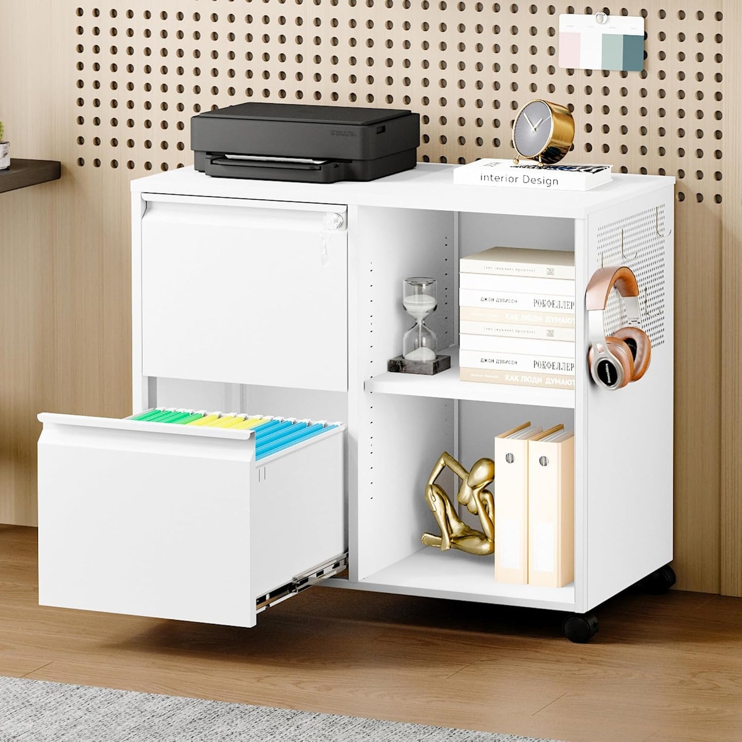 Metal File Cabinet,Lockable Lateral Filing Cabinet for Letter/A4 Size Files,Rolling Printer Stand with Adjustable Shelf & Lockable Wheelss for Home Office(White)