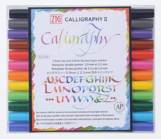 Kuretake ZIG Calligraphy Marker Pens, 12 Colors set, 2mm & 3.5mm Dual Tip Markers, for Writing & Hand Lettering, for Professional, Beginner, Water-based dye ink, Made in Japan
