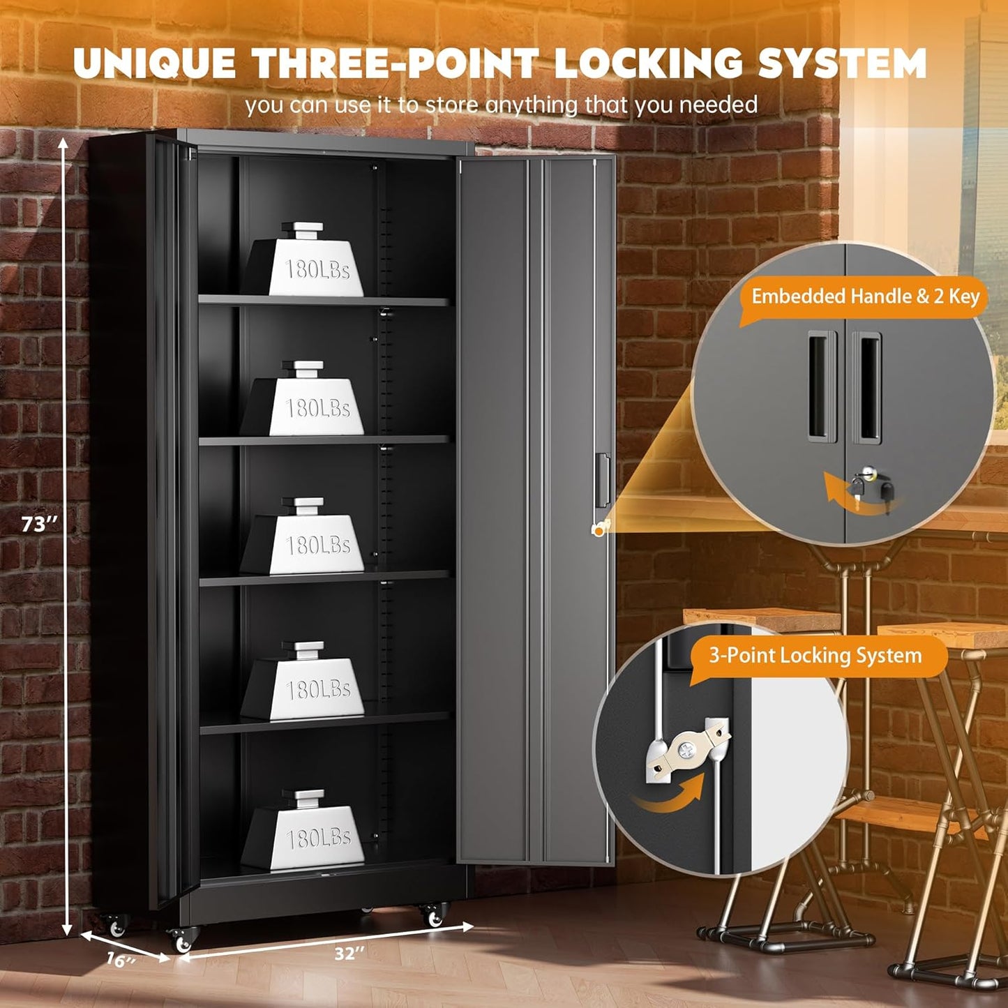 Greenvelly 74" Metal Storage Cabinet with Wheels, Lockable Rolling Metal Garage Cabinets with 2 Doors and 4 Adjustable Shelves, Rolling Tool Cabinet for Garage, Home Office, School