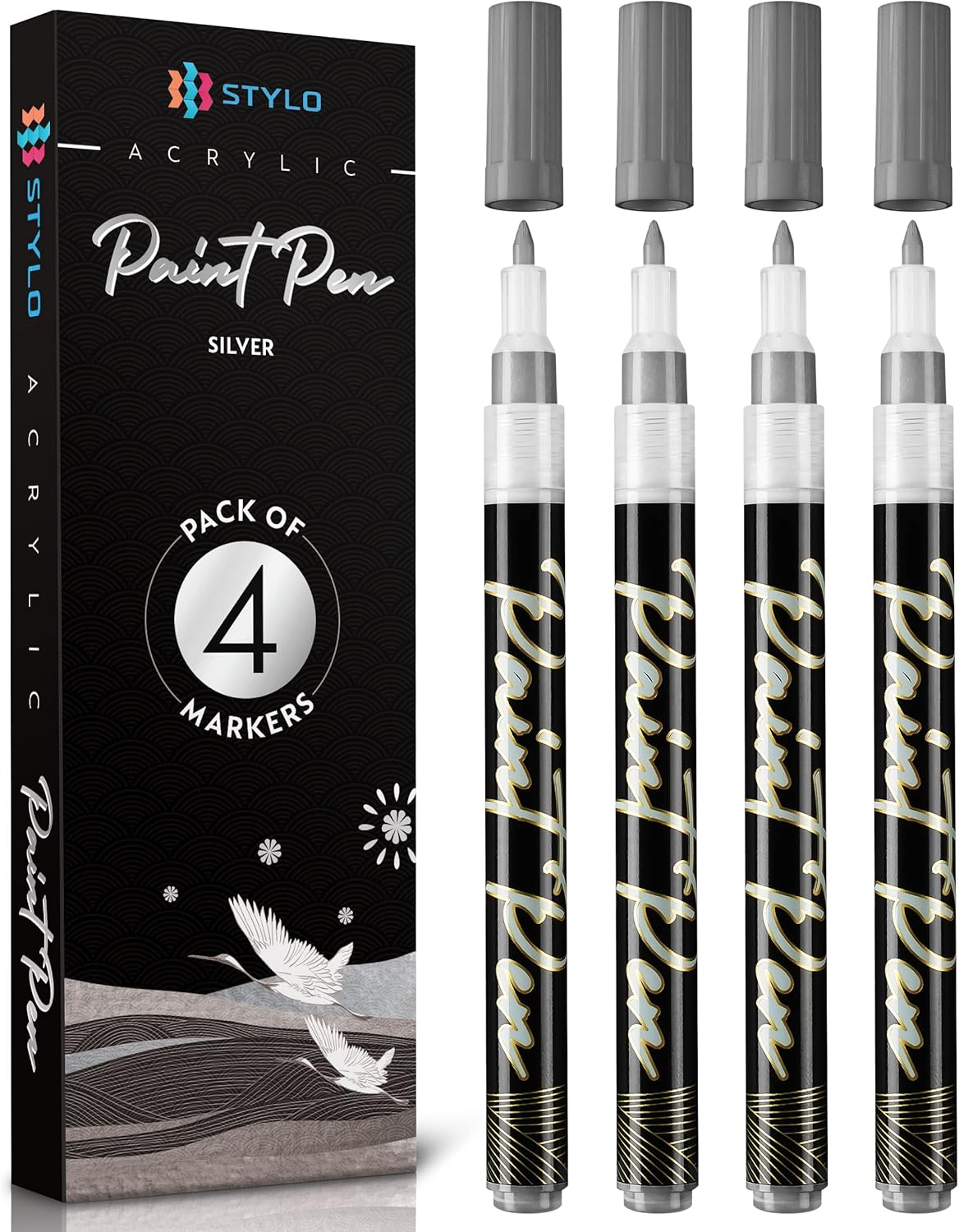 Stylo 4 Count Acrylic Metallic Pens - Silver Paint Pens - Fine Tip Permanent Acrylic Metallic Paint Markers for Rock Painting, Glass, Wood, Ideal for Arts and Crafts (Pack of 4, Silver)